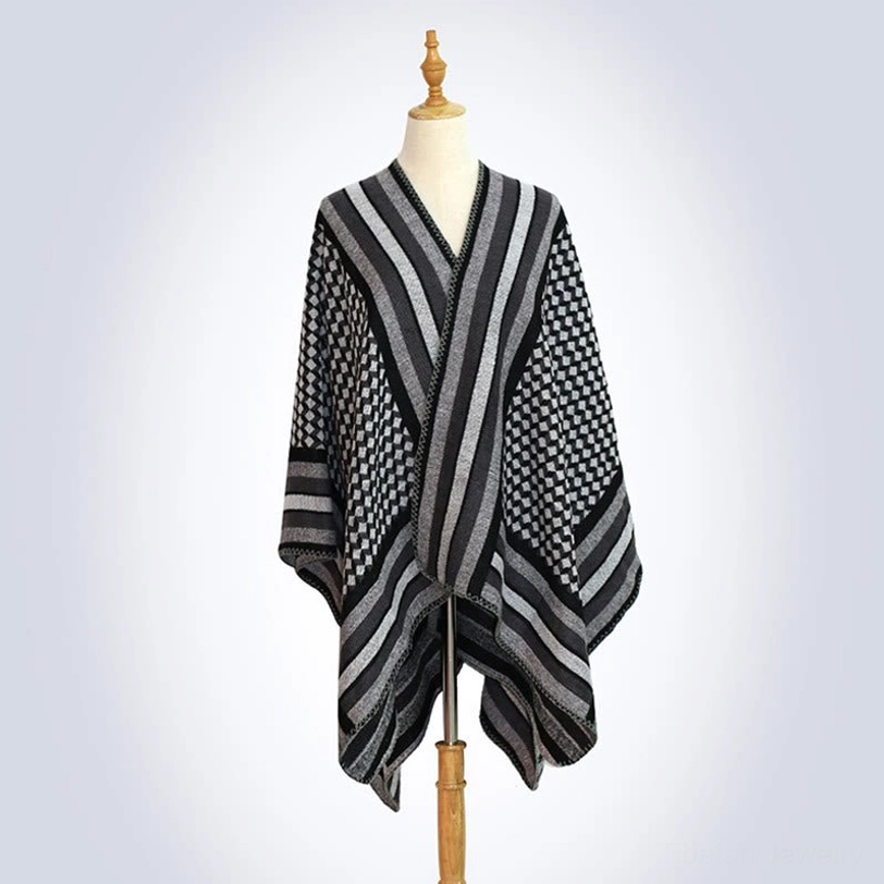 Black Gray Tibetan houndstooth poncho shawl variant close-up showing color depth and fabric quality