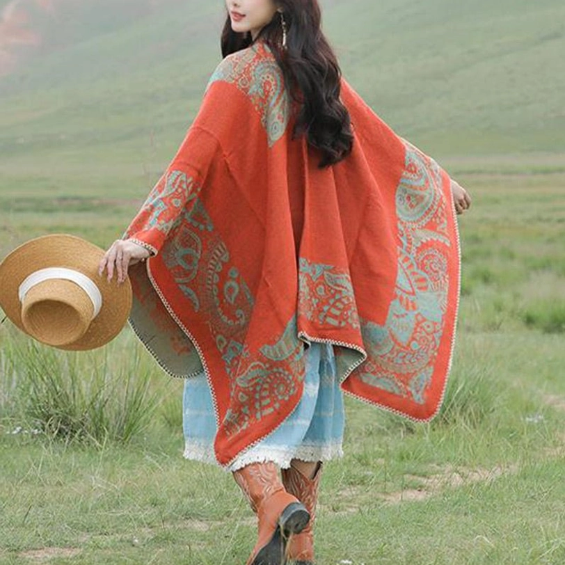 Tibetan poncho styled with casual outfit showing versatile everyday wear for school office events
