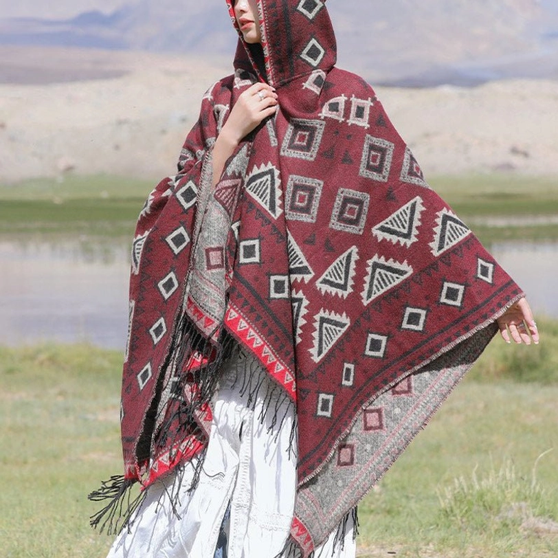 Tibetan geometric hooded wrap poncho showing hood detail and ethnic tribal print craftsmanship