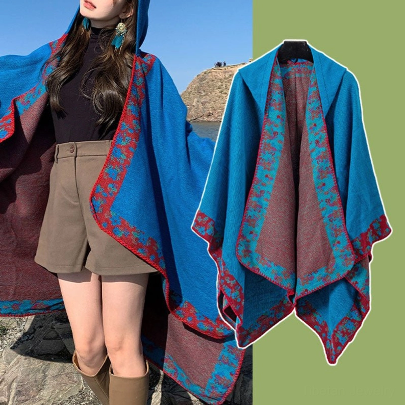 Tibetan hooded poncho lifestyle shot in meditation or yoga practice setting with serene background