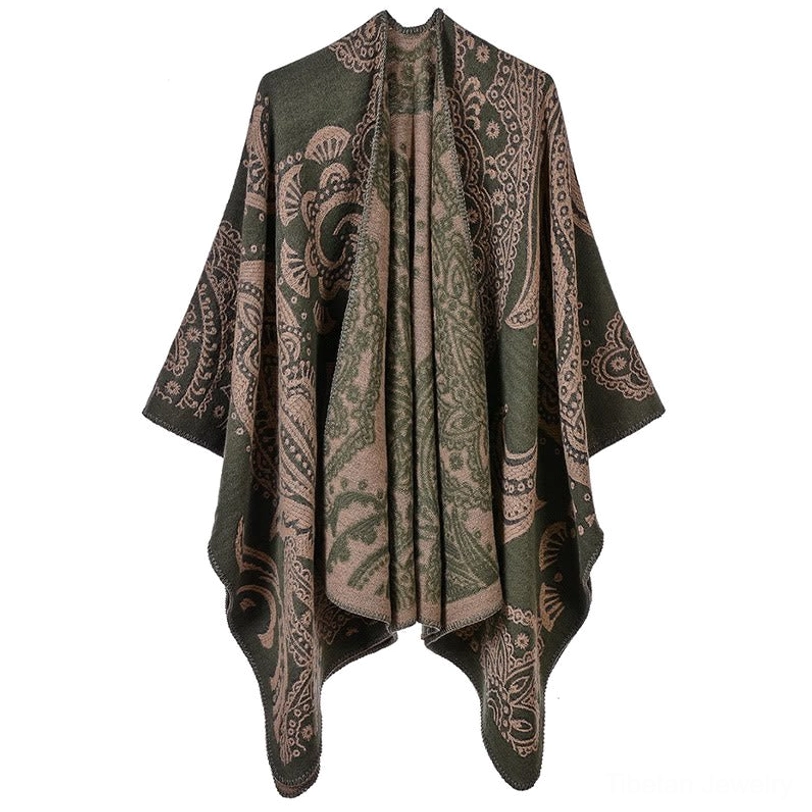 Tibetan paisley poncho in olive drab, front view model wearing shawl showing earthy tone and drape