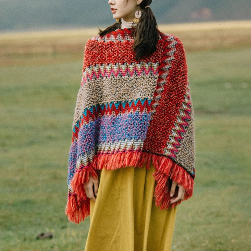 Red Cardigan Tibetan ethnic poncho shawl with traditional tassel design, styled front view