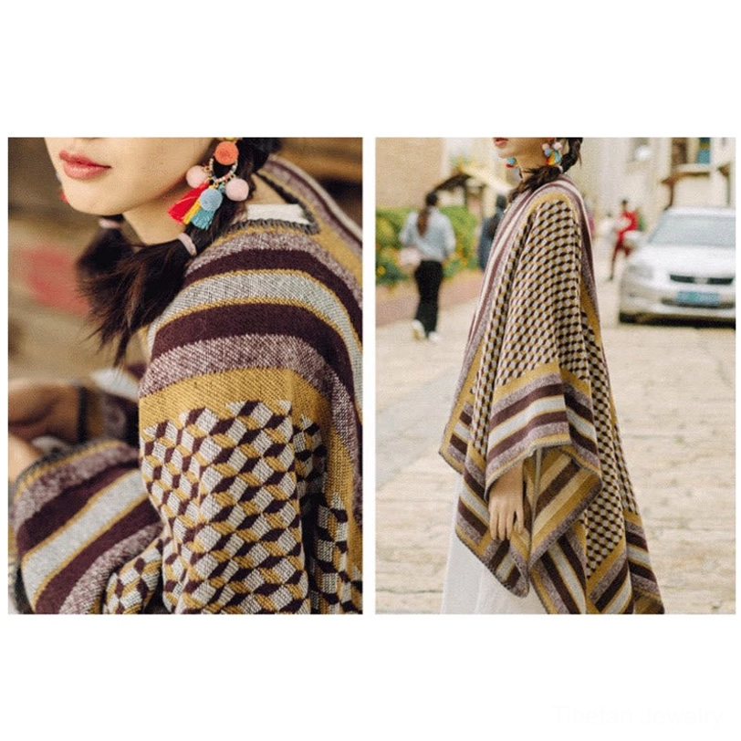 Tibetan poncho shawl color comparison showing Black Gray and Yellow Brown variants side by side