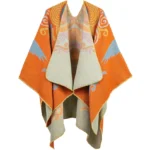Tibetan crane cloud poncho shawl orange gray unisex open front main view