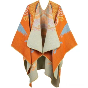 Tibetan crane cloud poncho shawl orange gray unisex open front main view