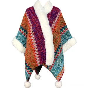 Tibetan ethnic poncho shawl flat lay display showing full front geometric stripes multicolor design white faux fur cuffs and pom-pom hem