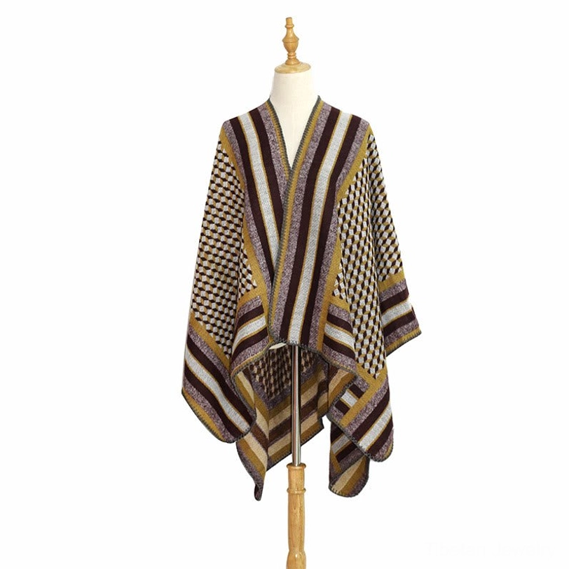Tibetan striped poncho shawl size reference with model wearing, demonstrating generous oversized dimensions