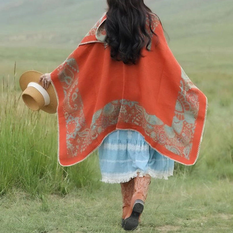 Tibetan poncho shawl size reference showing 150cm by 130cm generous oversized fit for all body types