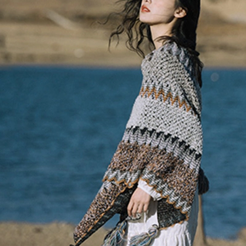 Tibetan striped poncho shawl with tassels styled in multiple wearing configurations showing versatility and range