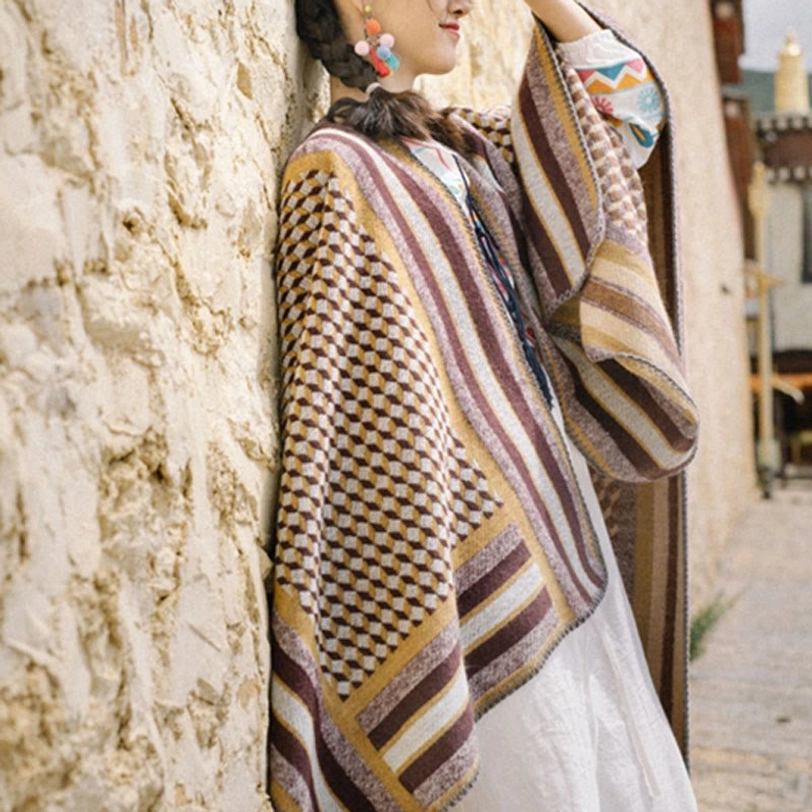 Yellow Brown Tibetan striped poncho shawl color variant showing warm earthy tones