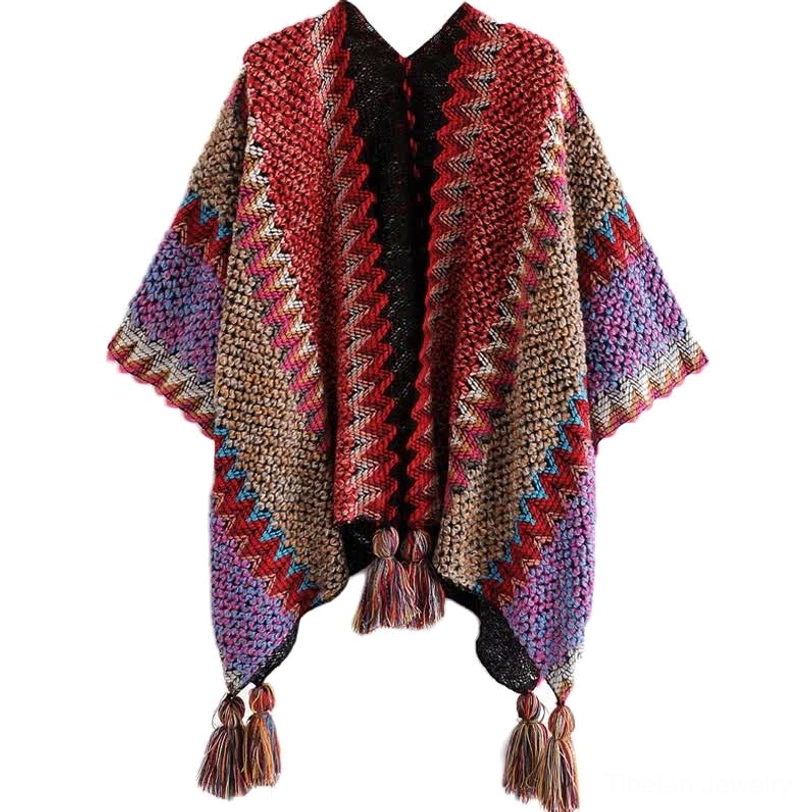 Bohemian Tibetan poncho shawl styled with casual outfit demonstrating versatile layering options