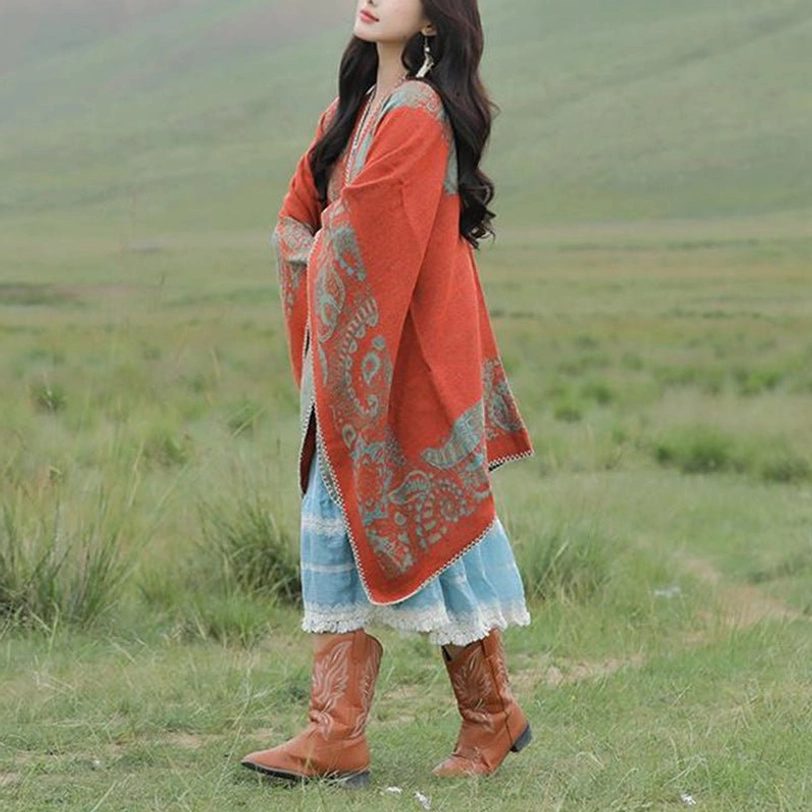 Tibetan poncho worn as travel blanket during outdoor adventure and cultural exploration