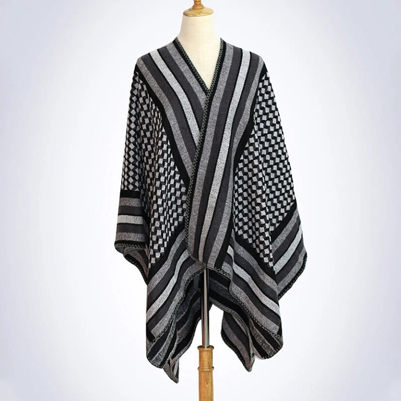 Yellow Brown Tibetan striped poncho shawl variant detail showcasing warm earthy color palette