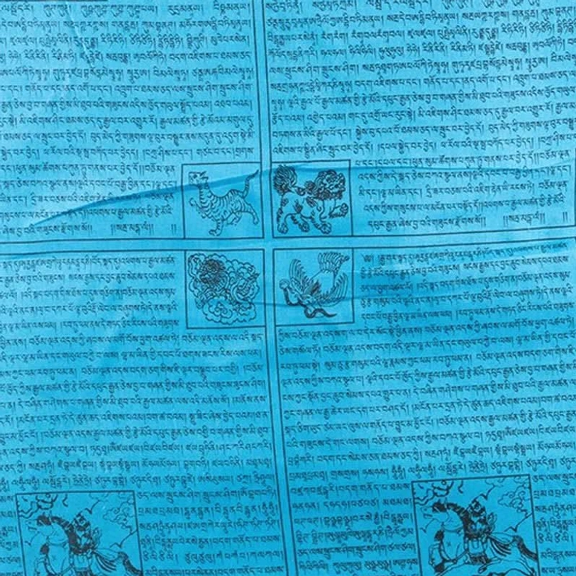Tibetan windhorse prayer flag close-up showing intricate wooden block printing details and traditional five-element color symbolism