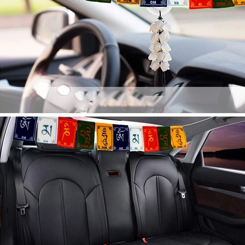 Car prayer flag decoration installed in vehicle interior showing two mounting styles on steering wheel and rear seat