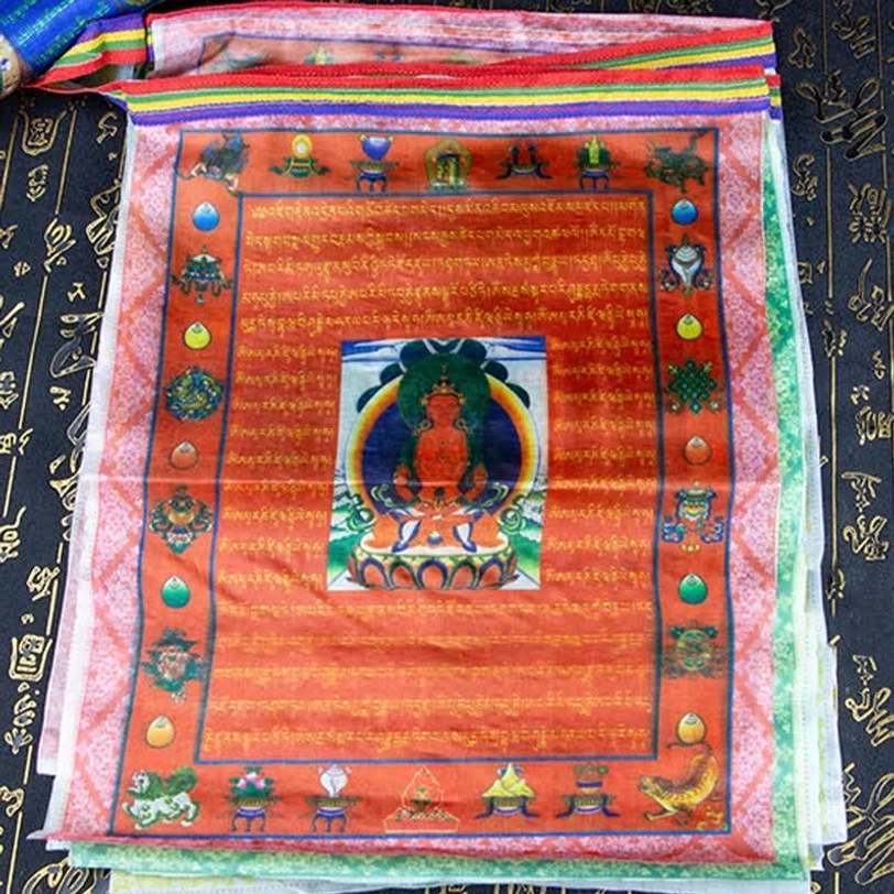Tibetan prayer flag collection displaying hand-printed Buddhist scriptures and traditional windhorse imagery