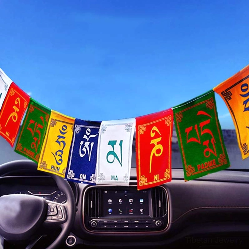 Tibetan prayer flag package contents showing complete 0.85 meter strand with all components
