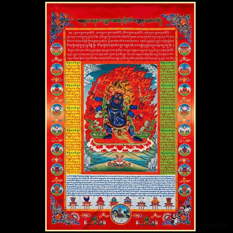 Single Tibetan windhorse prayer flag with intricate floral borders on black background, featuring detailed Buddha artwork and traditional scripture layout