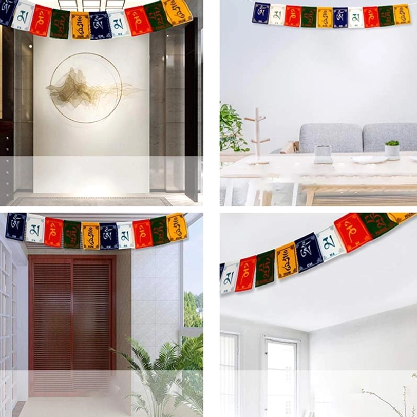 Multiple uses of Tibetan prayer flags shown in montage of indoor spaces including doorway and living room décor