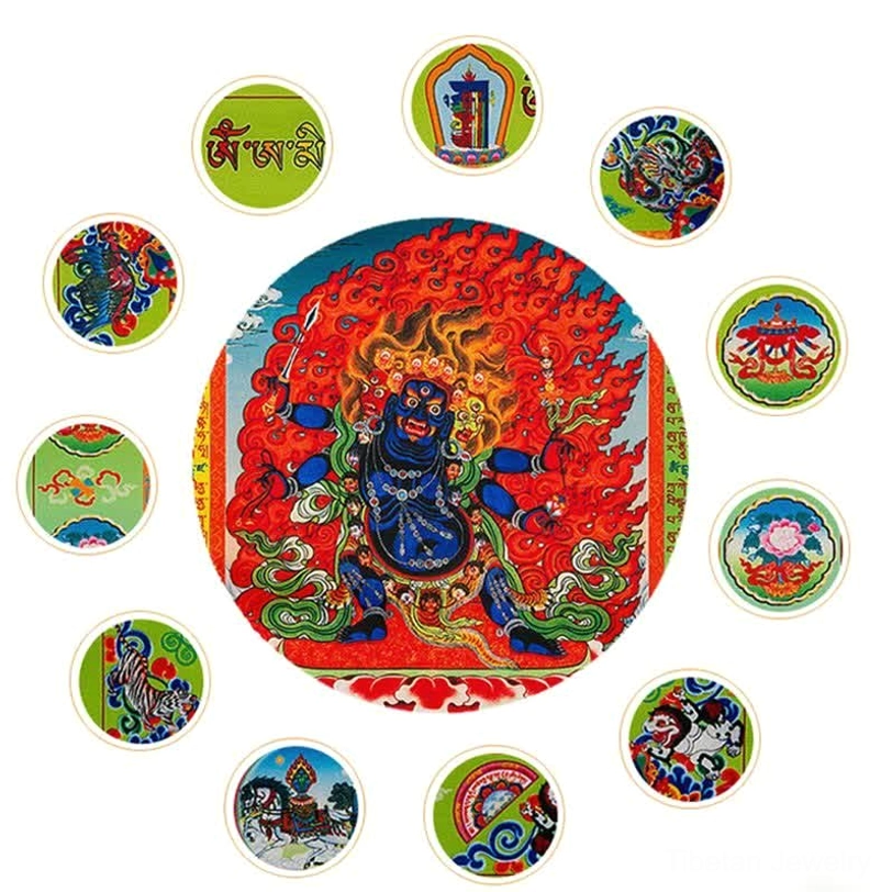 Handprinted Tibetan prayer flag 42x27cm individual flags with sacred Buddhist imagery and flowing Tibetan scriptures