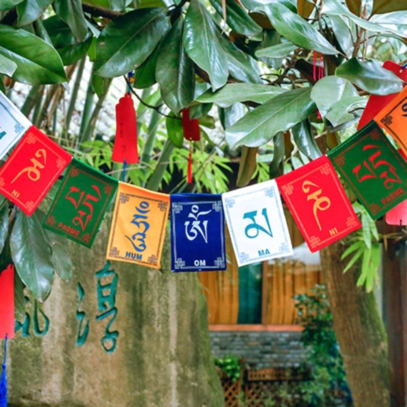 Tibetan windhorse prayer flag with colorful mantras hanging outdoors under green tree foliage, multicolored sacred flags with red tassels