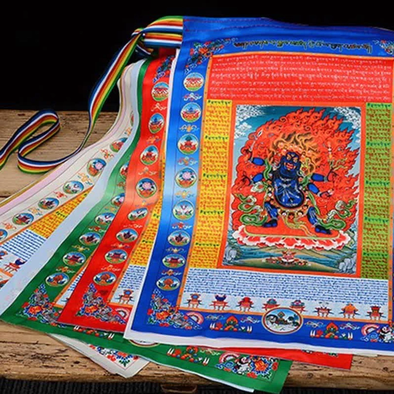 Handmade Tibetan prayer flag outdoor decoration with weather-resistant polyester and traditional wooden block printing