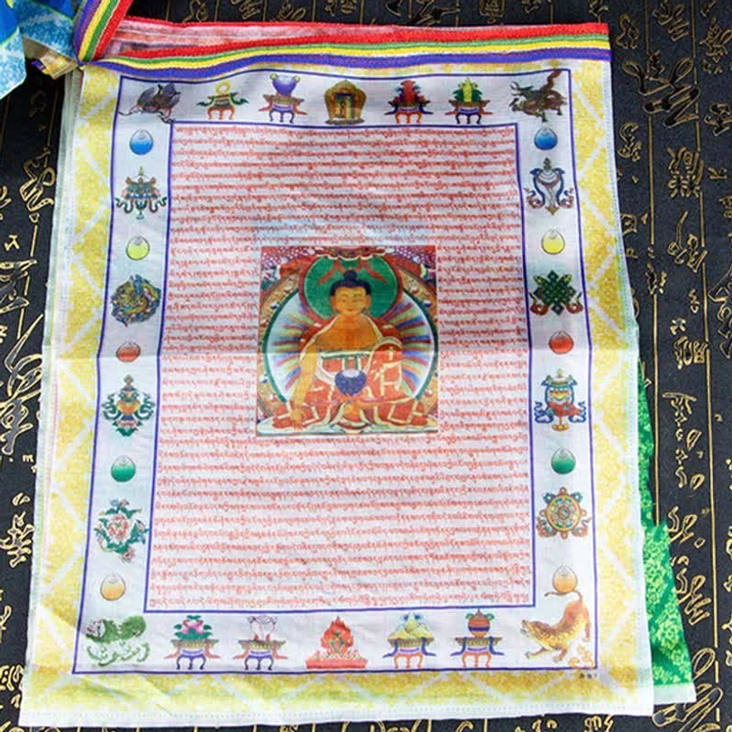 Tibetan prayer flag featuring sacred geometry and dharma teachings for spiritual healing and protection