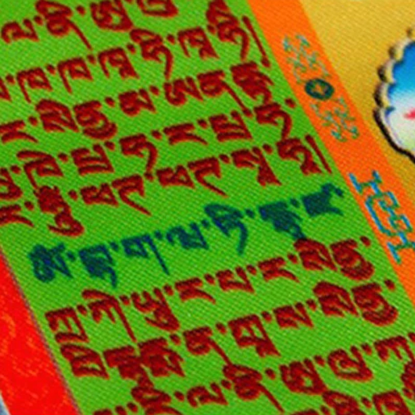 Close-up macro view of Tibetan prayer flag surface showing vibrant colored Tibetan scriptures and fine handprinted text details