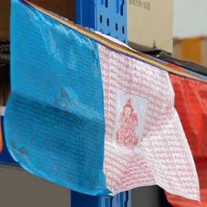 Close-up of individual Tibetan prayer flag with printed windhorse and sacred mantras, multi-color traditional borders