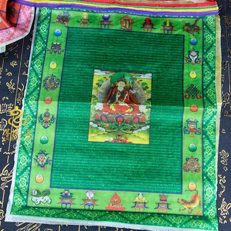 Tibetan prayer flag string showing complete set of five sacred color elements and Buddhist blessing symbols