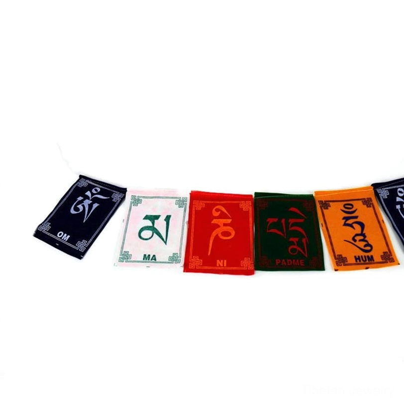 Tibetan windhorse prayer flag with sacred Om Mani Padme Hum mantras and spiritual design elements