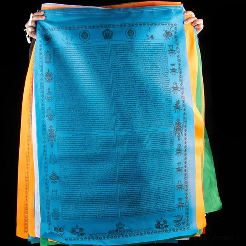 Tibetan 5-color windhorse prayer flags full string display showing complete 12-meter length with all 20 individual flags in traditional arrangement