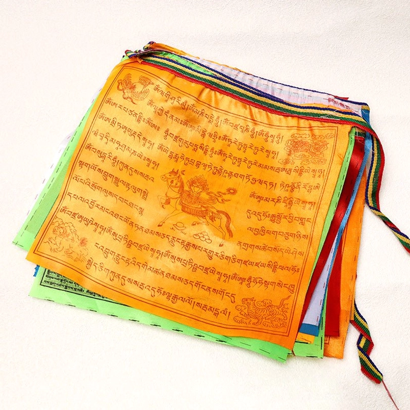 Tibetan windhorse prayer flags set 20 pieces stacked overhead view showing colorful fabric