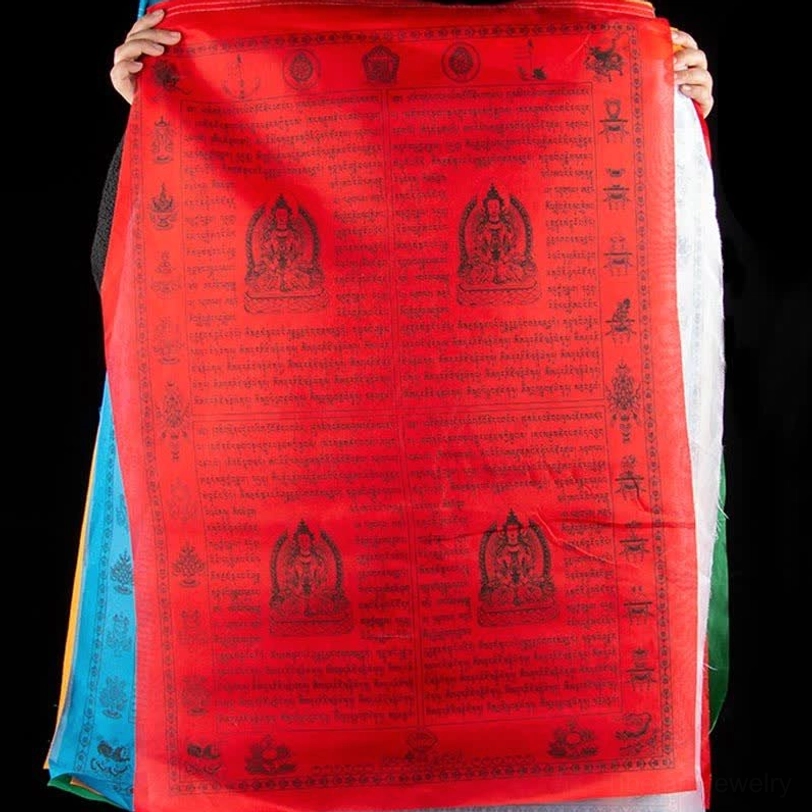 Complete set of Tibetan 5-color prayer flags showing all individual 60x88cm flags with blue, white, red, green, and yellow base colors