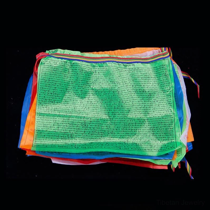 Tibetan prayer flags 7 meters length showing full string of 20 flags with five element colors blue white red green yellow