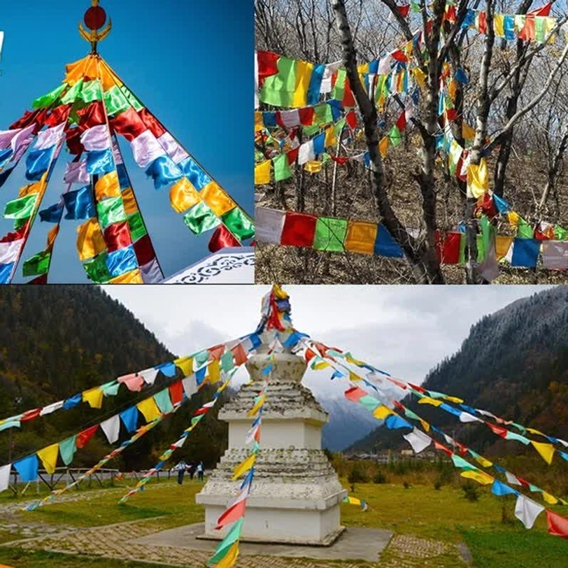 Tibetan prayer flag packaging and presentation showing authentic Nepali-Tibetan artisan craftsmanship and traditional wooden block printing quality