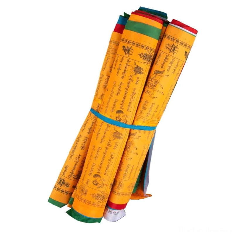 Rolled bundle of authentic Tibetan prayer flags tied with blue cord, showing vibrant yellow and multi-color fabric edges, 12m full length string