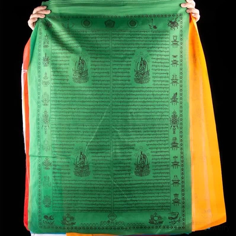 Multiple Tibetan prayer flags side-by-side showing color variation in blue, orange, and white bases with consistent black printed wind horse imagery