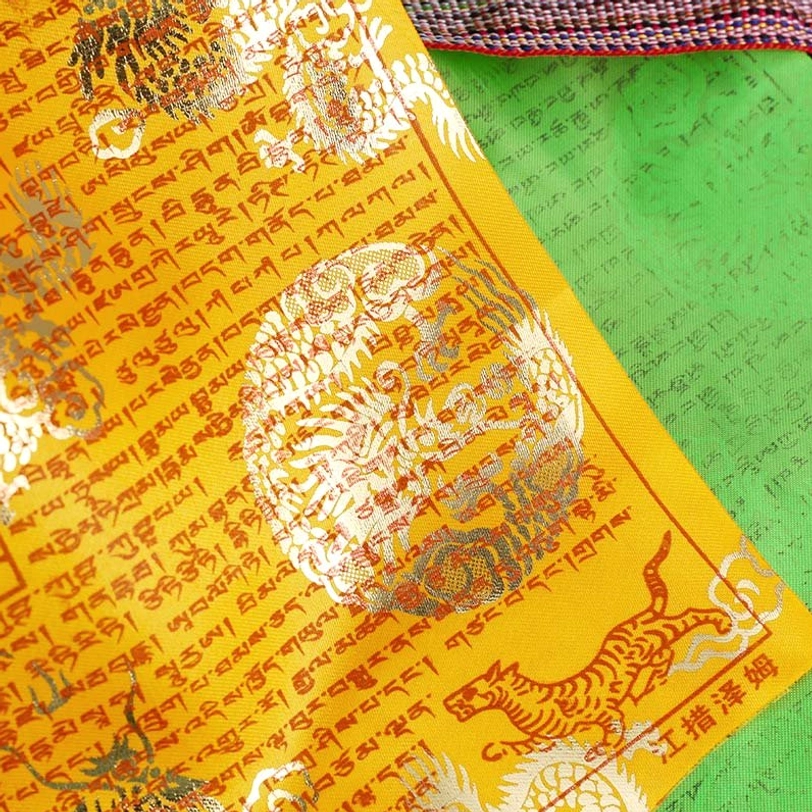 Complete 23-foot Tibetan prayer flag string - all five colors (blue, white, red, green, yellow) arranged in traditional order