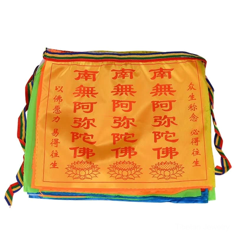 Premium polyester Tibetan prayer flags showing fine fabric texture and colorful edging