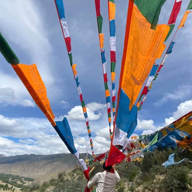 Tibetan windhorse prayer flags blue flag detail showing sacred lungta and mantra inscriptions