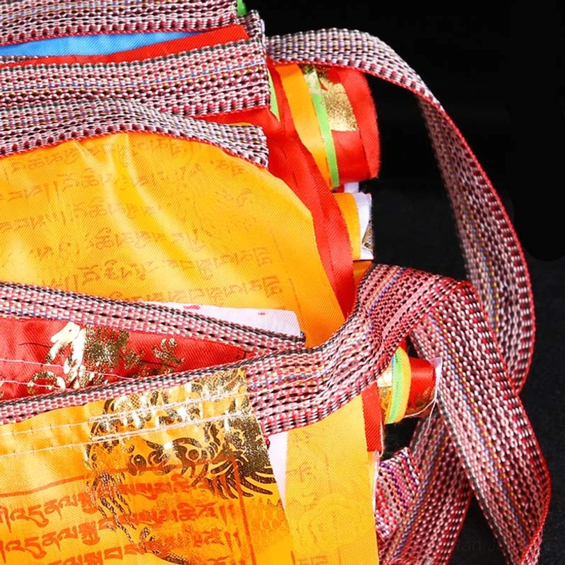 Tibetan prayer flags package contents showing 20 individual flags with reinforced knitted belt and authentic hand-printed scriptures