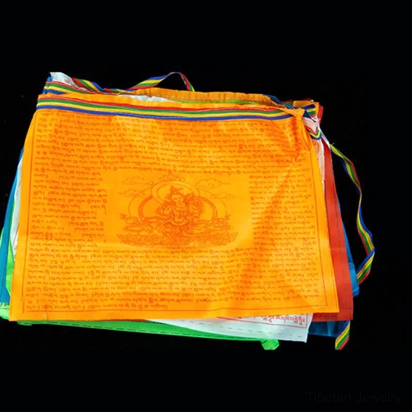 Packaged Tibetan prayer flag set with orange main prayer flag Buddha print and multi-color edge trim with hanging straps