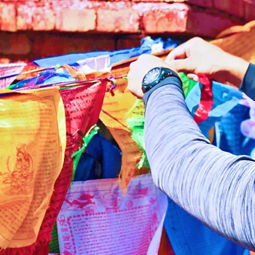 Tibetan 5-color prayer flags pergola framework outdoor shade structure spiritual sanctuary