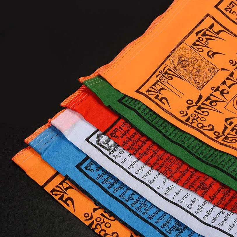 Tibetan 5-color windhorse prayer flags close-up fabric texture and weather-resistant polyester material