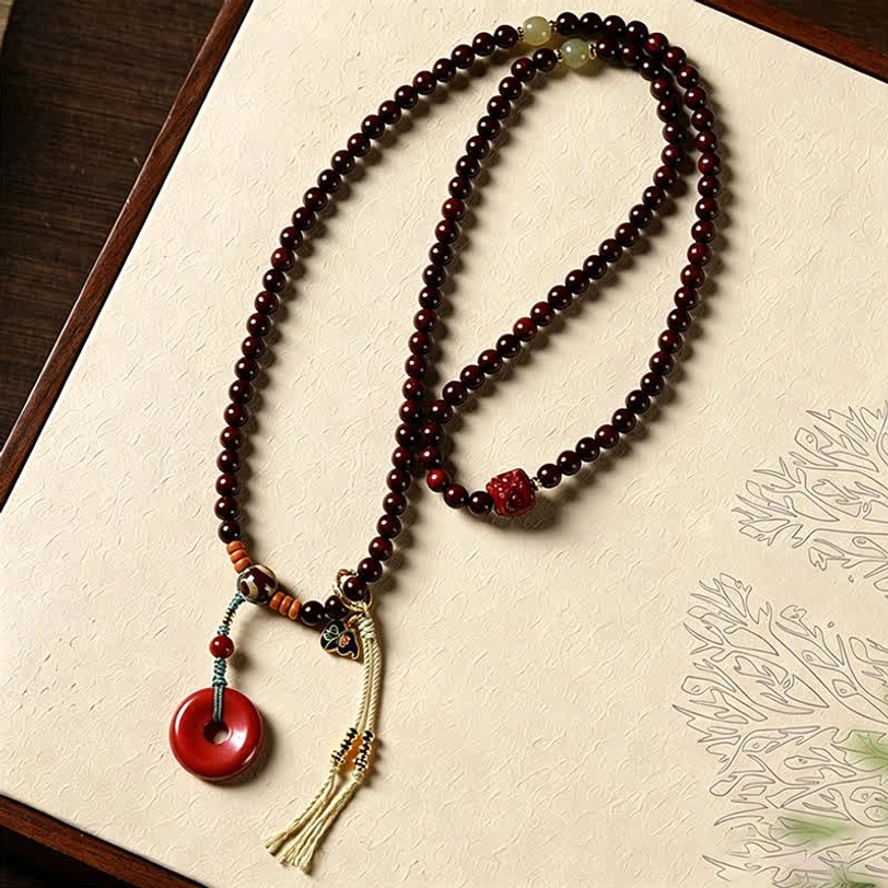 Tibetan 108 bead prayer mala with small red rosewood beads, copper peace buckle, and beige tassel on vintage wooden border
