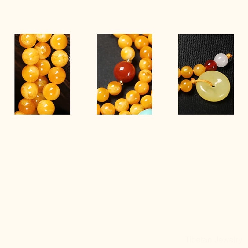 Tibetan prayer mala necklace meditation tool with amber beads gemstones and protective spiritual charms