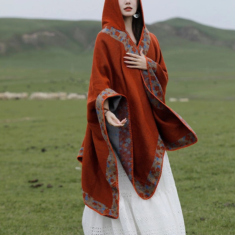 Reversible Tibetan prayer poncho detail shot highlighting craftsmanship and fabric blend quality