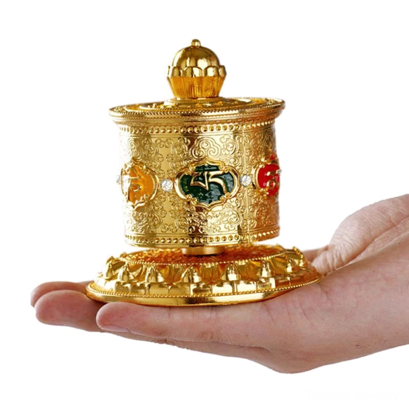 Tibetan prayer wheel car decoration full product shot with lotus base and bronze antique finish