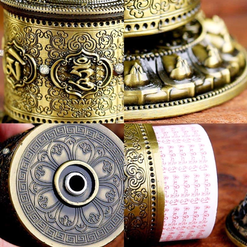 Multi-detail close-up collage of Tibetan prayer wheel showing bottom engraving side patterns scripture interior and base details